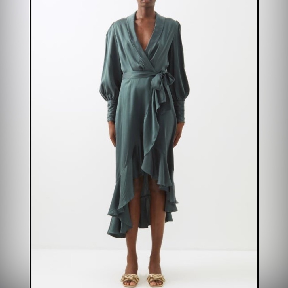 Zimmerman Asymmetric Ruffled Silk Wrap Dress in Green Size 00/0P